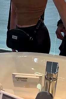 Cumming on her leather pants in public'